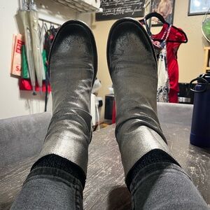 Genuine leather grey silver metallic mid-calf “moto-style” boots made in Italy